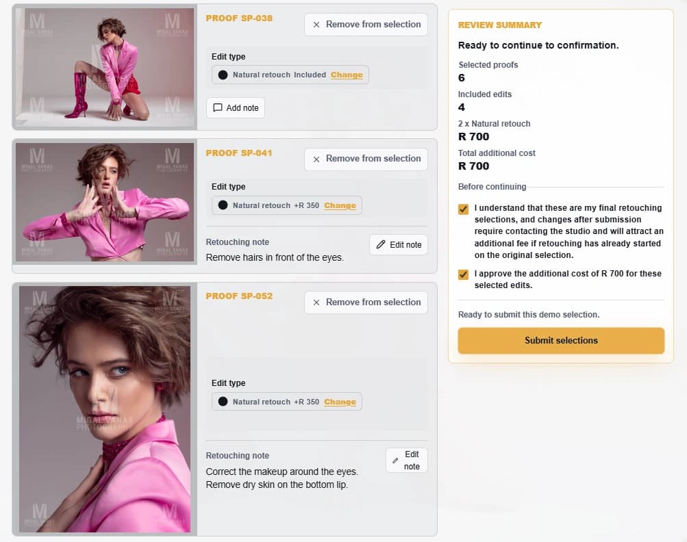 Final review screen listing selected proofs with retouching notes and a selection summary